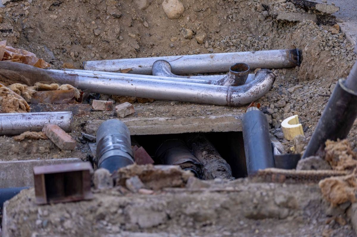 Underground pipework exposed in an open excavation trench